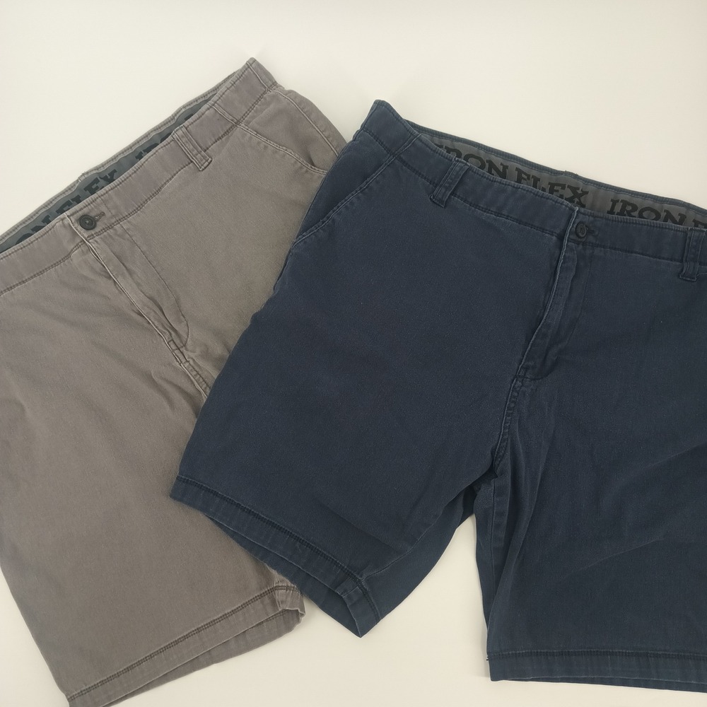 Lot 2 Iron Flex Mens Size 40(42 in.) Chino Shorts Navy & Grey Stretch Flat Front